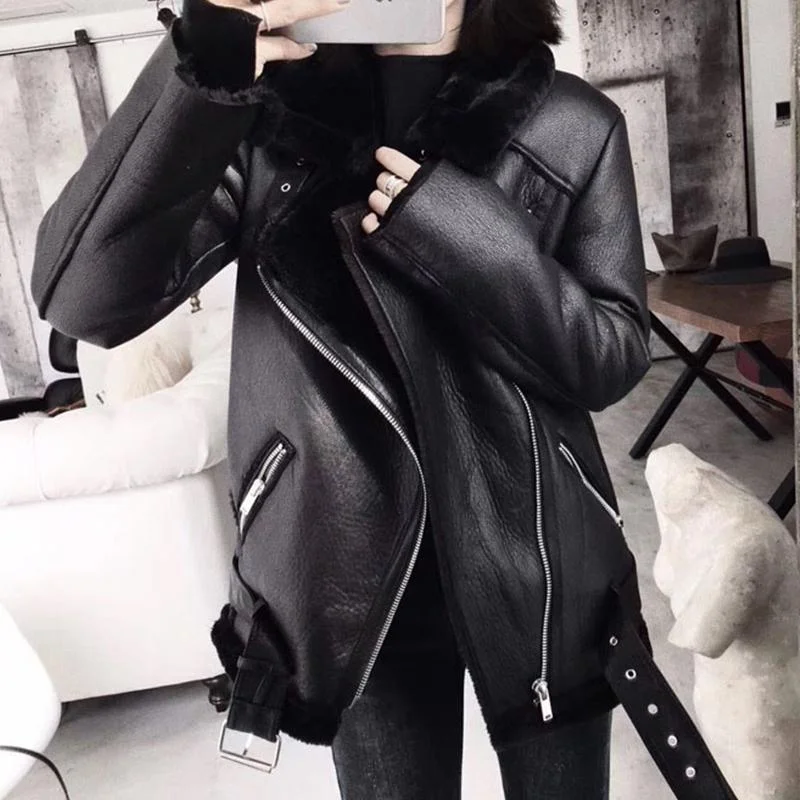 Ailegogo 2021 Winter Coats Women Thick Faux Leather Fur Sheepskin Coat Female Fur Leather Jacket Aviator Jacket Casaco Feminino