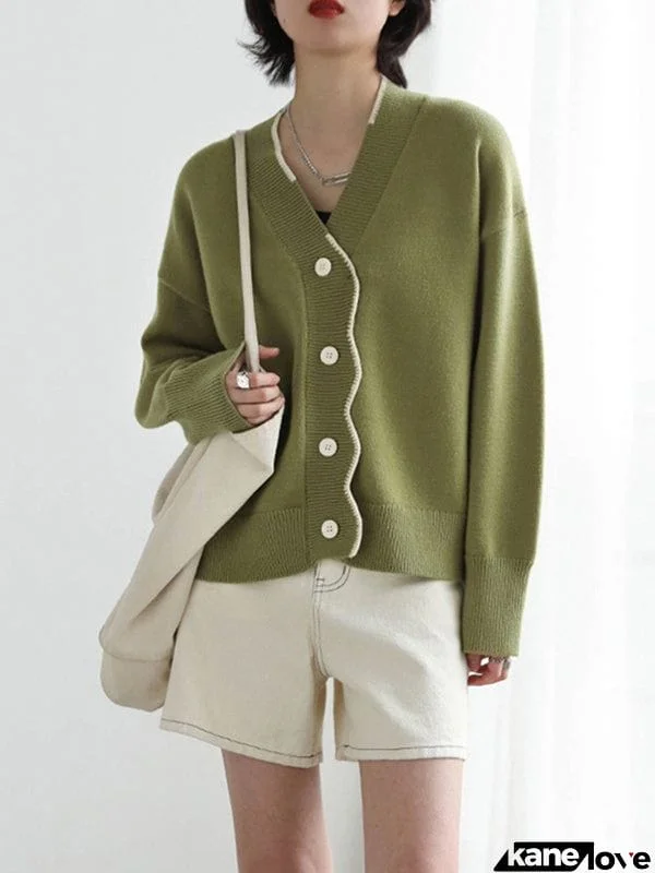 Casual Loose Long Sleeves Buttoned Contrast Color V-Neck Cardigan Tops