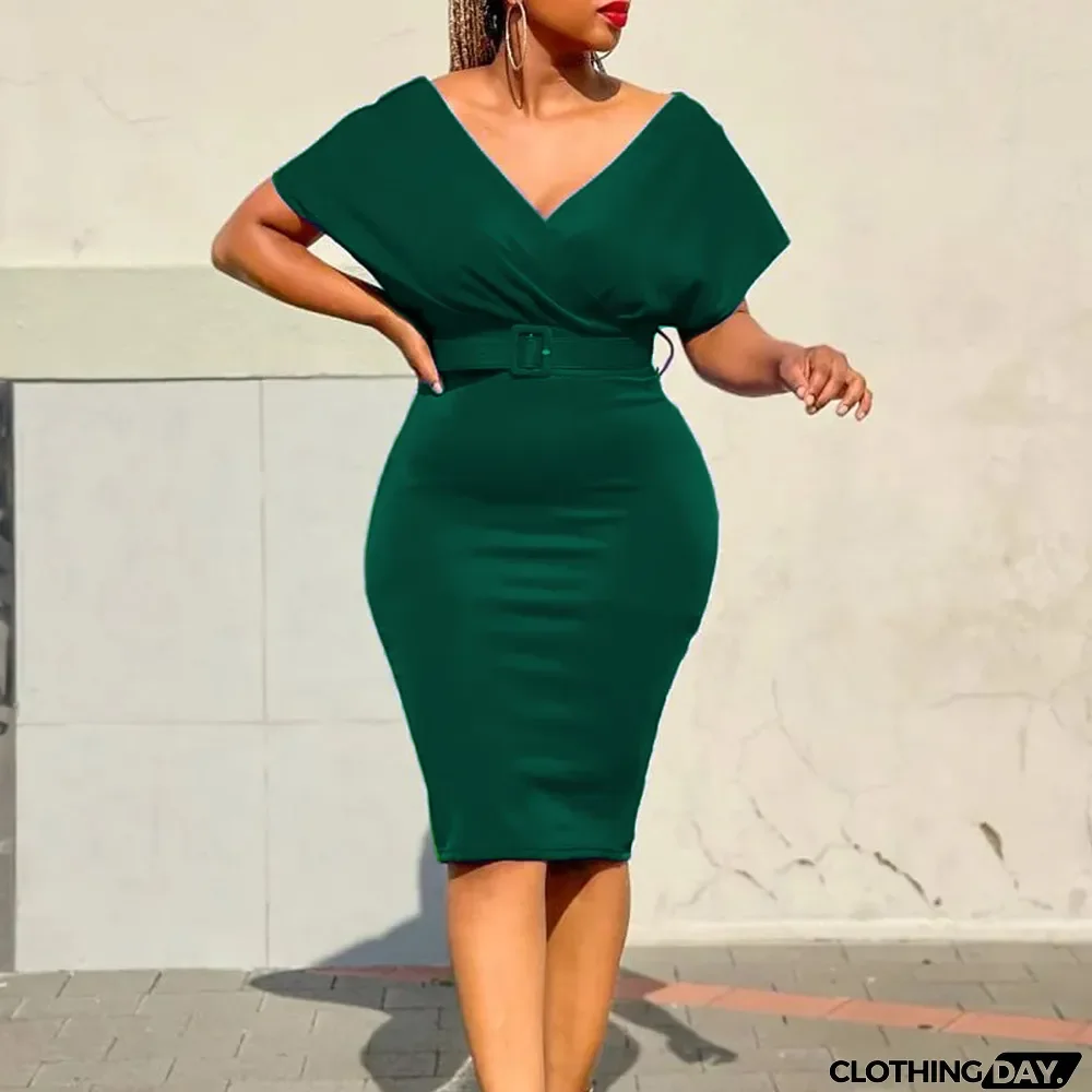 Plus Size Women V Neck Bodycon Stretch Africa Dress with Belt