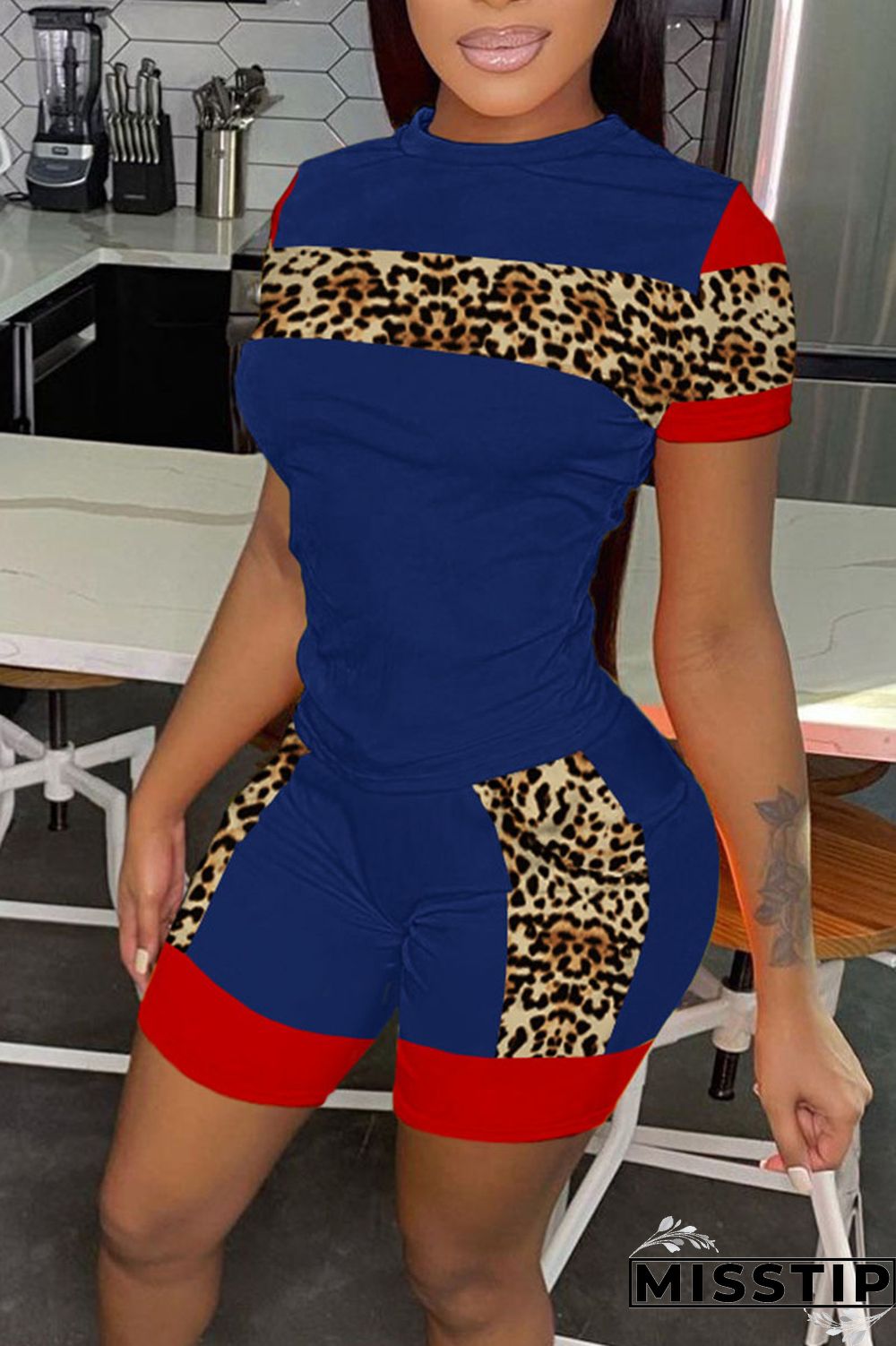 Grey Casual Print Patchwork O Neck Short Sleeve Two Pieces