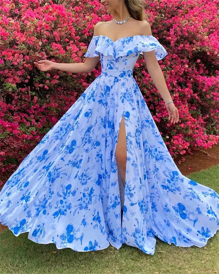 Women's Blue Slit Print Dress - 01
