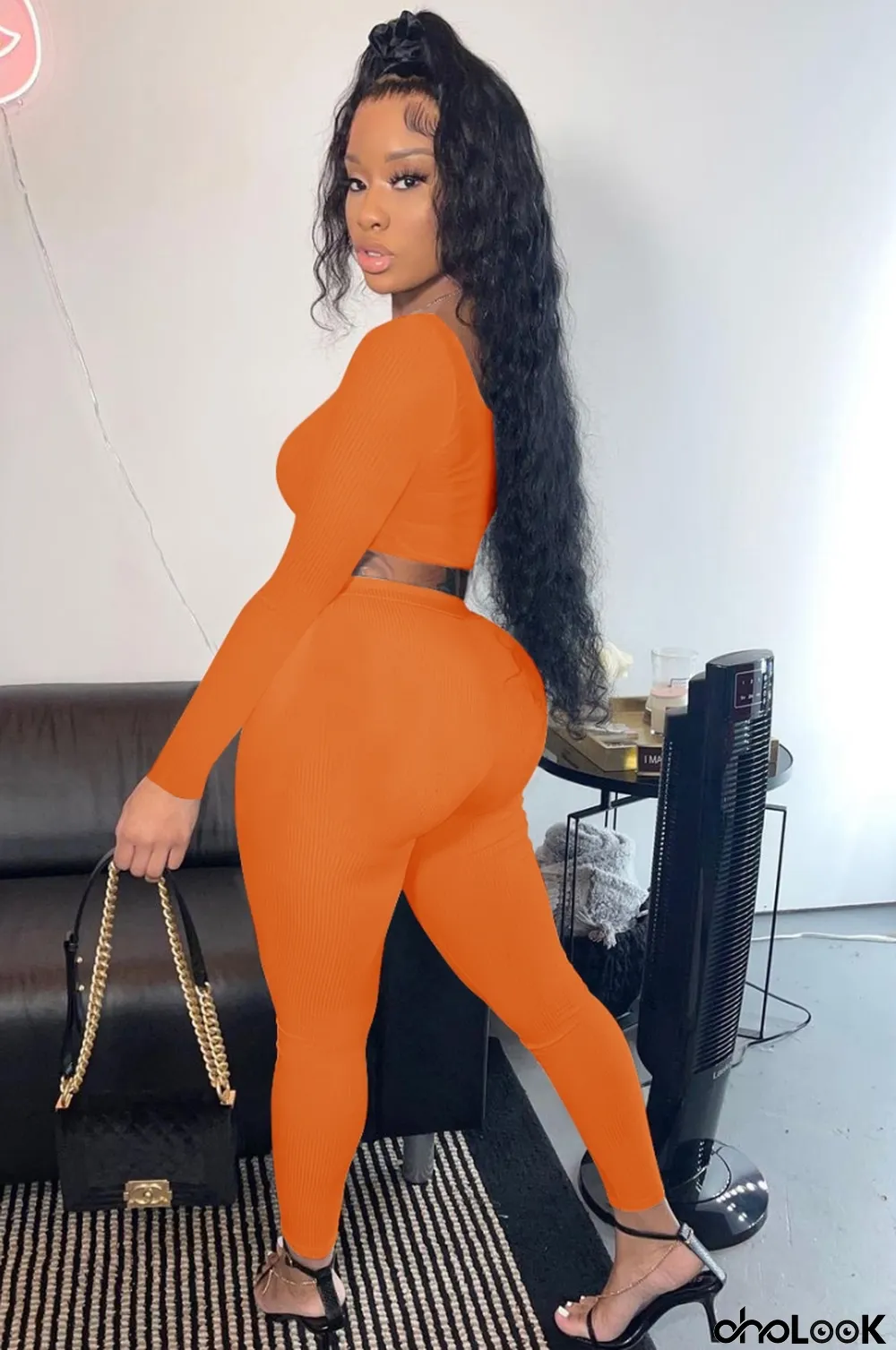 Fall Sexy Orange Irregual Neck Long Sleeve Crop Top And Pant Set