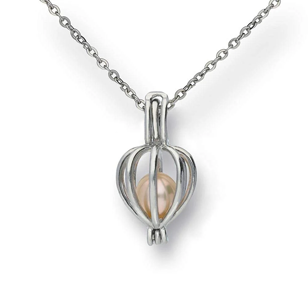 Pearlina Cage Cultured Pearl Oyster Necklace Set Rhodium Plated Heart Locket w/Stainless Steel Chain,18"