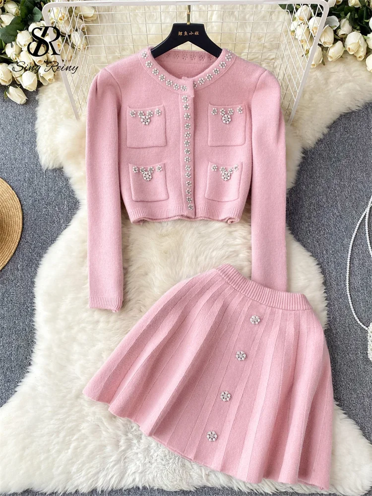 Huibahe Japan Style Pearls Knit Suits Hidden Breasted Pockets Cardigan+Mini Pleated A Line Skirt Women Sweet Streetwear Sets