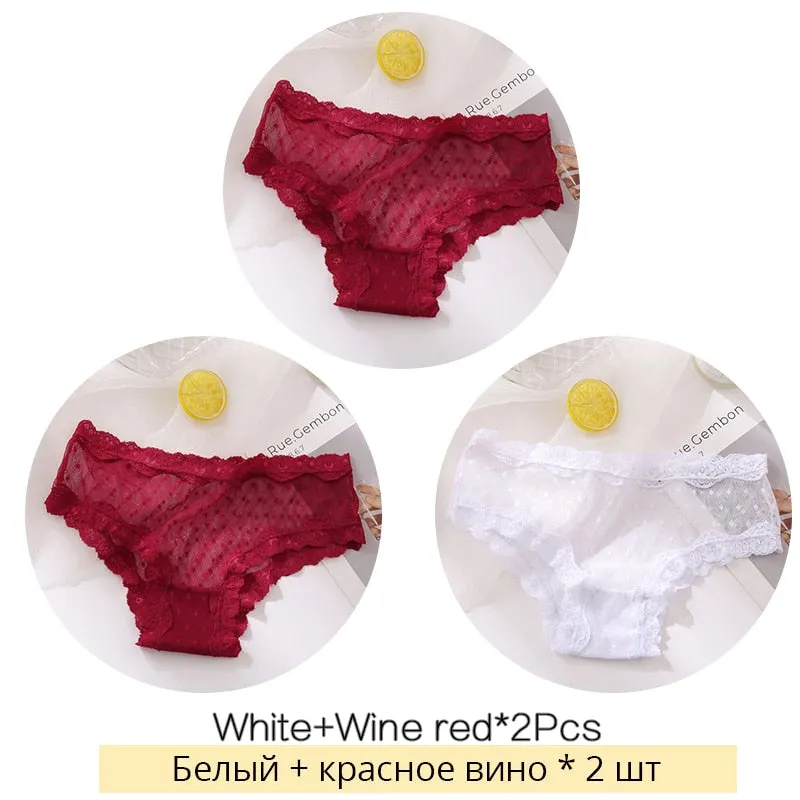 FINETOO Sexy Lace Thongs Women 3Pcs/set Transparent G-string Panties Dots Lace T-back Underwear Fashion Female Underpants M-XL