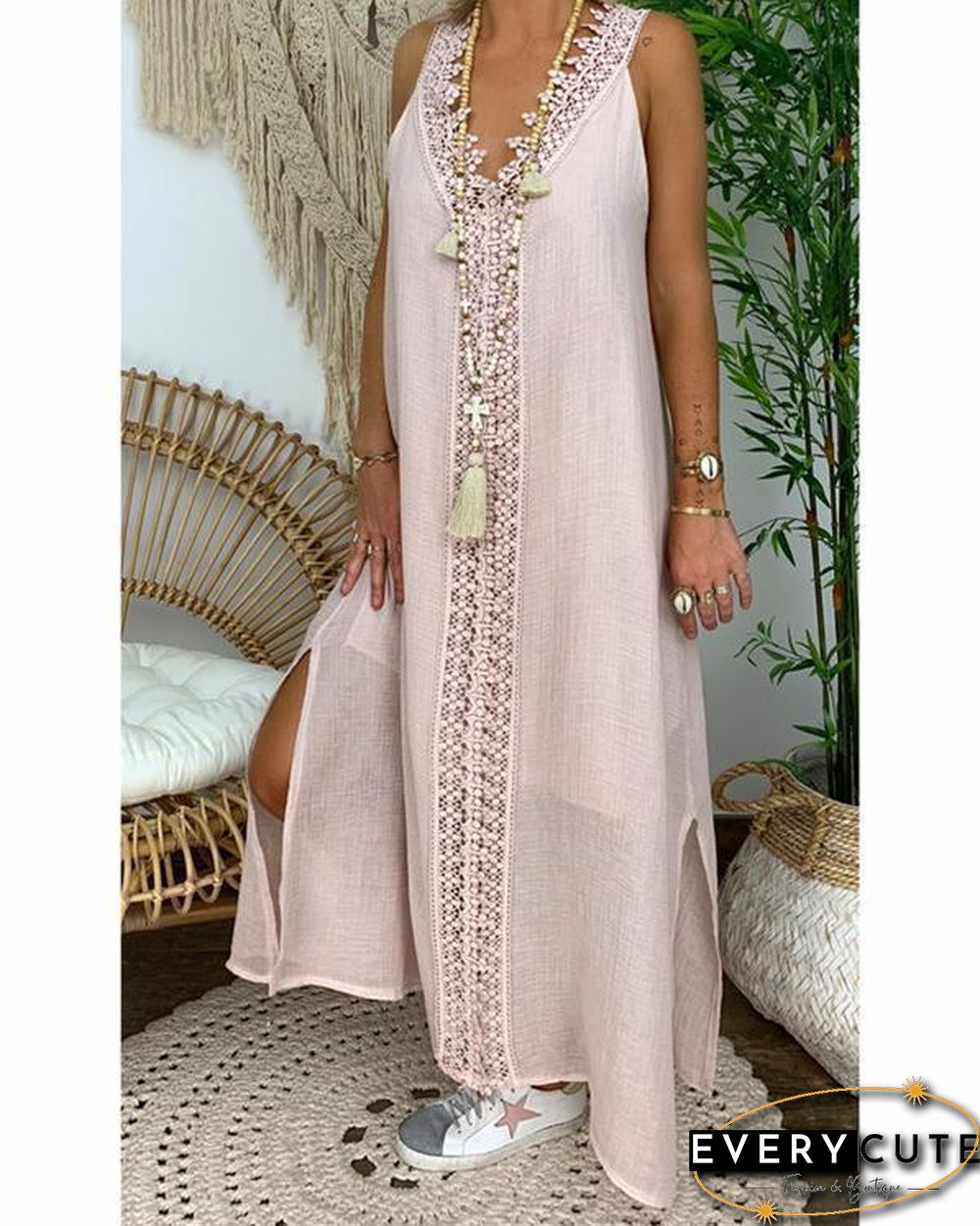 Women Solid V Neck Sling Sleeveless Lace Maxi Dress
