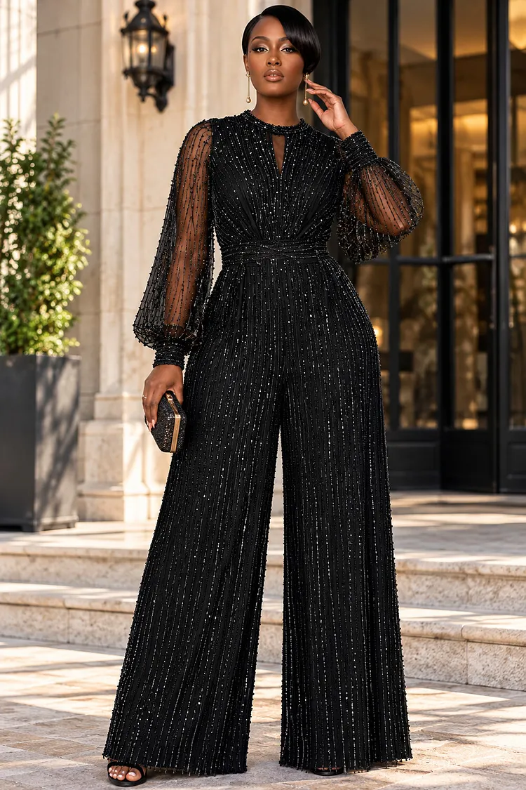 Xpluswear Design Plus Size Cocktail Party Black Round Neck Long Sleeve See Through Jumpsuits [Pre-Order] 2024 - Xpluswear