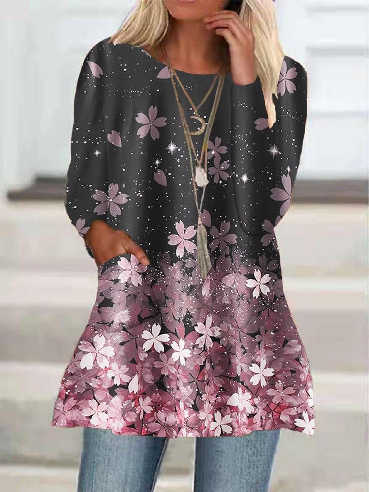 Women's Long Sleeve Scoop Neck Floral Printed Graphic Top