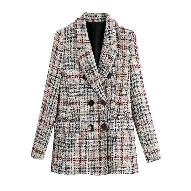 KPYTOMOA Women 2021 Fashion Double Breasted Tweed Check Blazers Coat Vintage Long Sleeve Pockets Female Outerwear Chic Tops