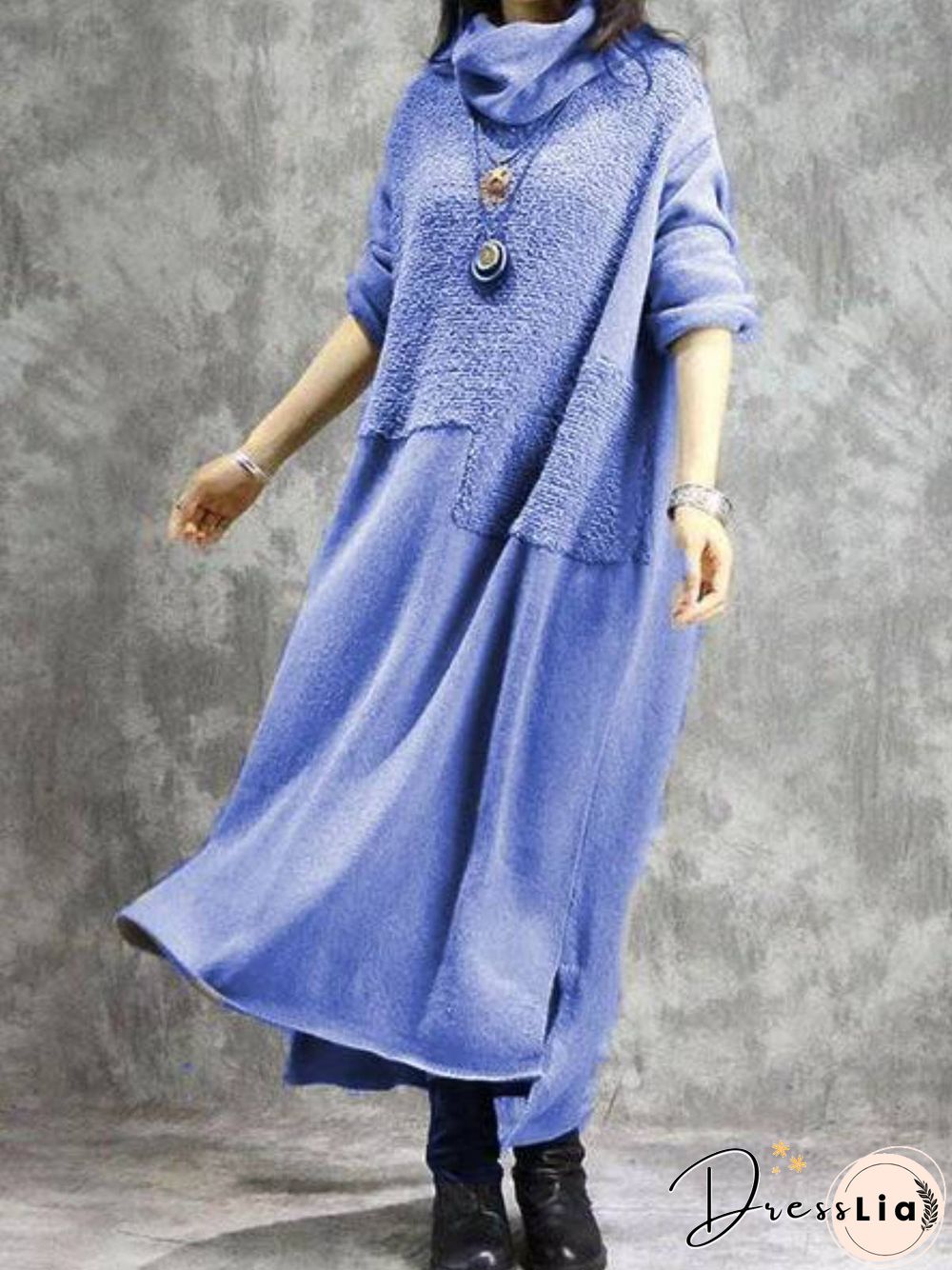 Cotton Plain Casual Turtleneck Knitting Dress