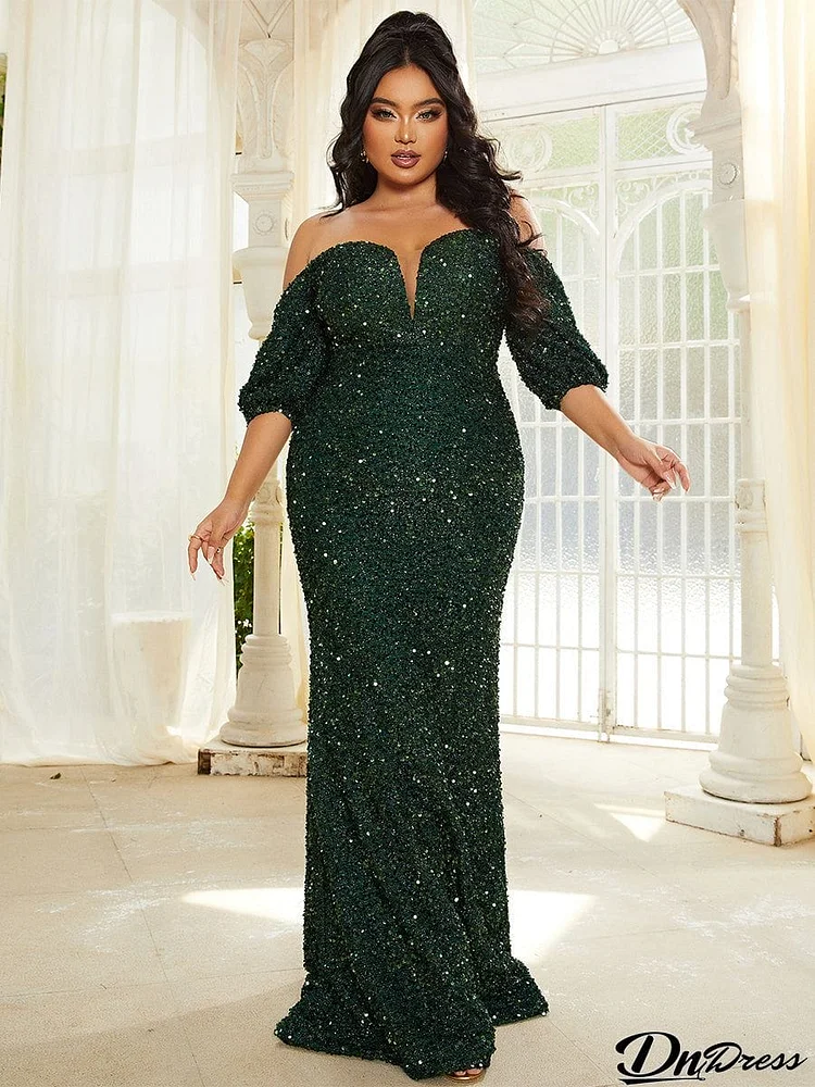 Plus Size Off Shoulder Sequin Mermaid Evening Dress PJM063L