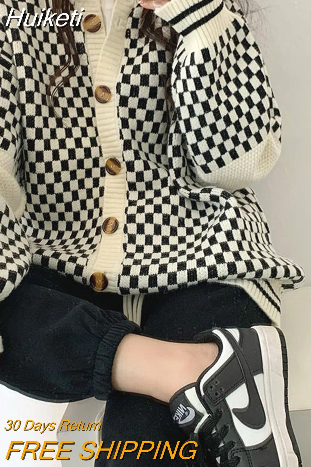 Huiketi Black White Plaid Sweater Women Retro Long Sleeve Buttons Knitted Cardigan Fashion Chessboard Korean Loose Warm Jacket