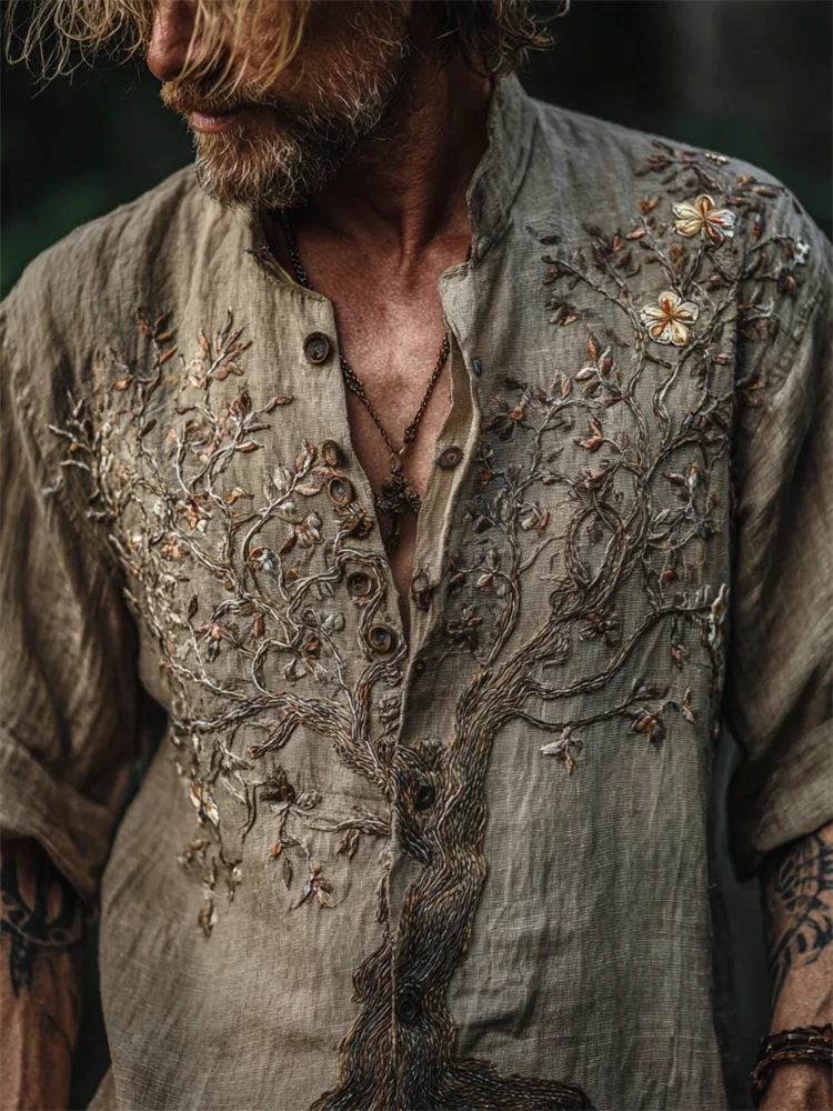 Men's Vintage Floral Tree Of Life Embroidered Linen Shirt