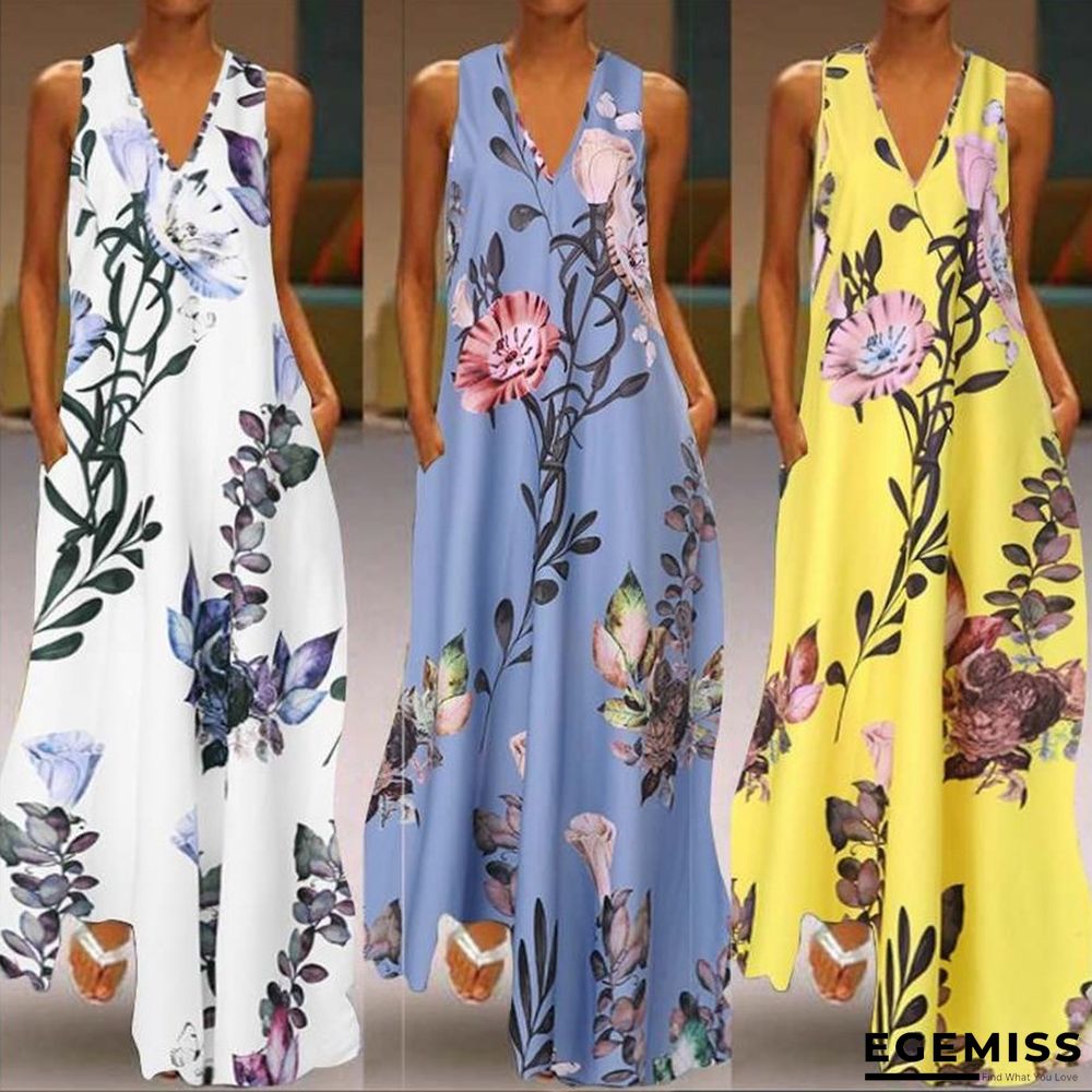 Printed Deep V-neck Dress Sleeveless A-word Large Size Long Dress White Dresses | EGEMISS