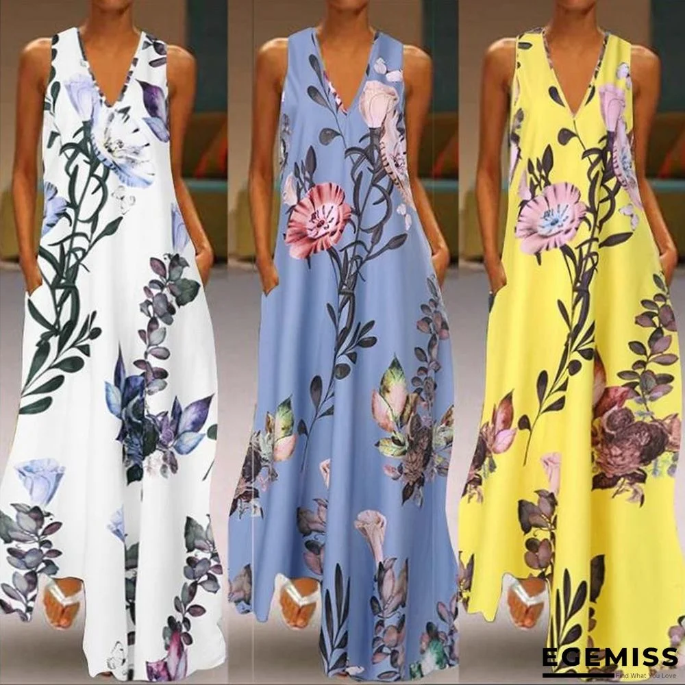 Printed Deep V-neck Dress Sleeveless A-word Large Size Long Dress White Dresses | EGEMISS