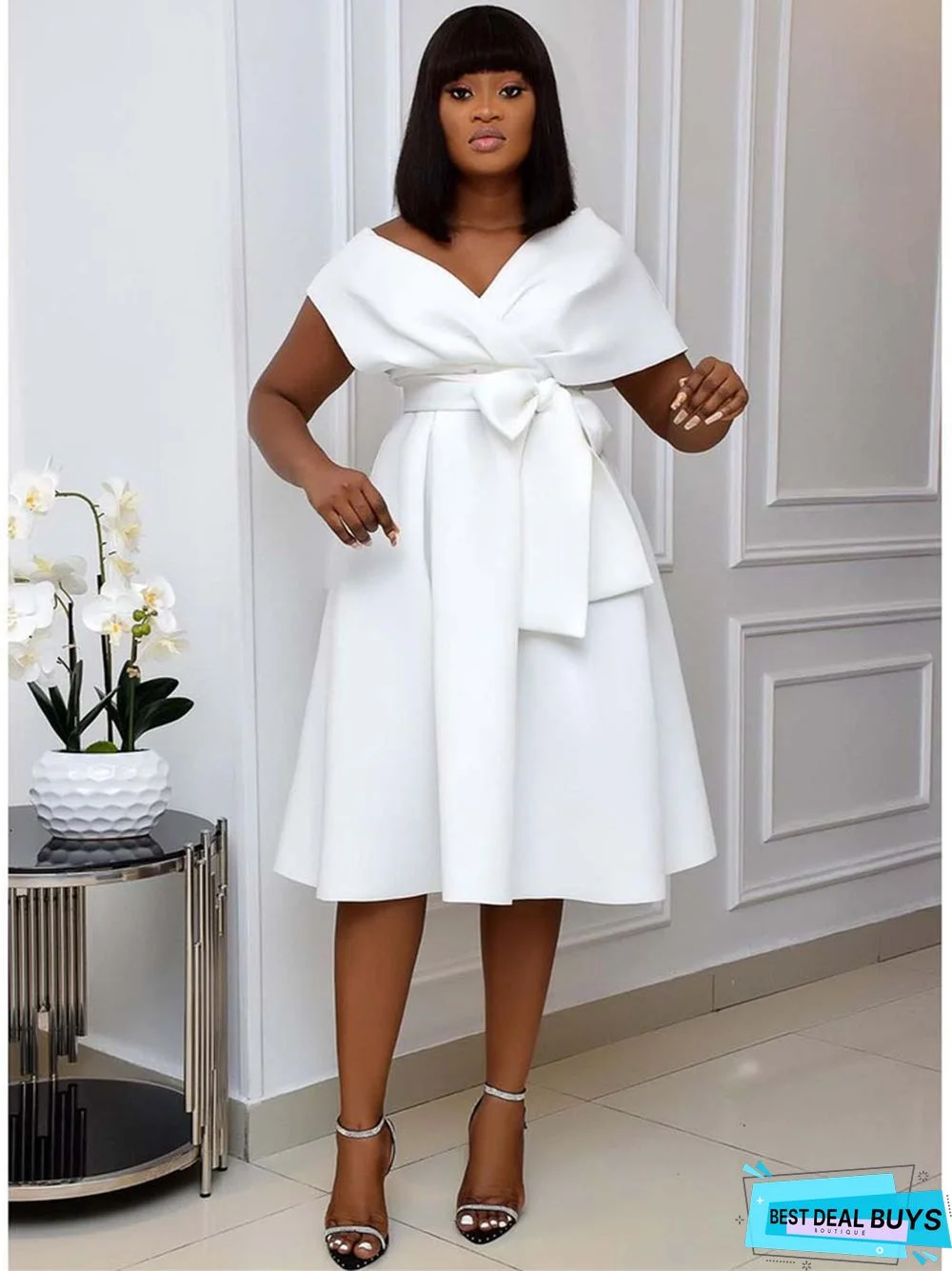 Large Women's Short Sleeve V-Neck Off Shoulder Evening Dress Black Dresses