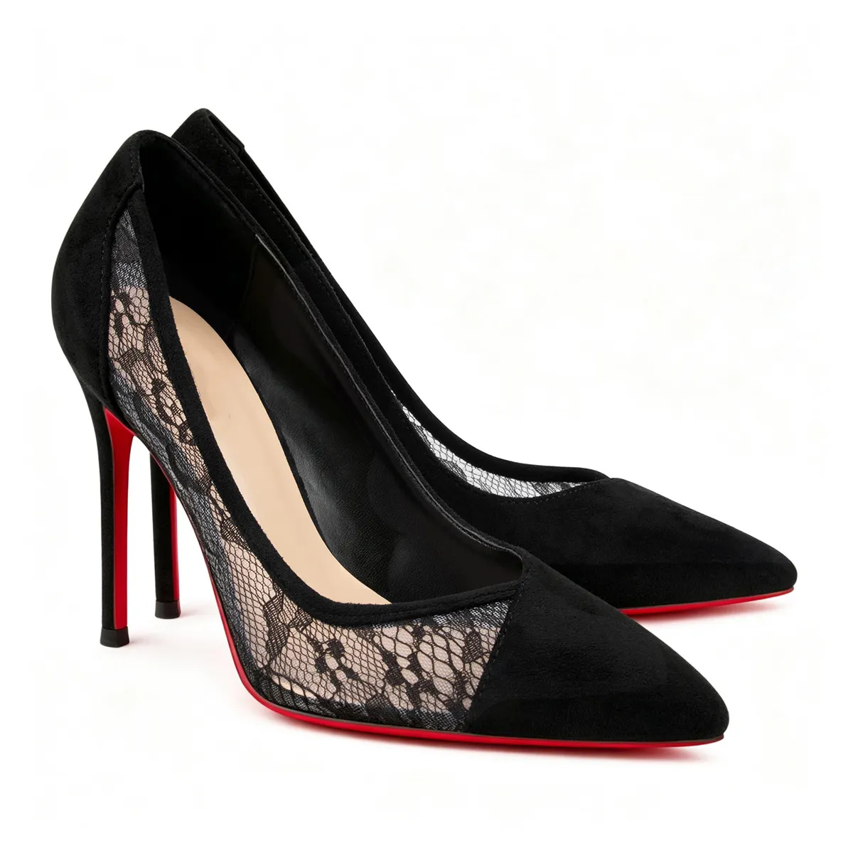 100mm Women's Lace Panel Pointed High Heels Red Bottom Stiletto Pumps for Wedding Party-MERUMOTE