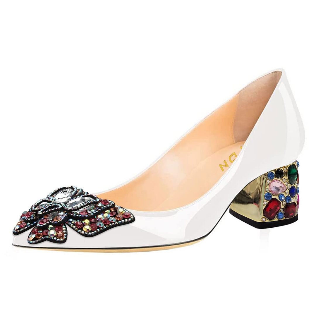White Patent Leather Colorful Rhinestone Butterfly Block Heel Pumps