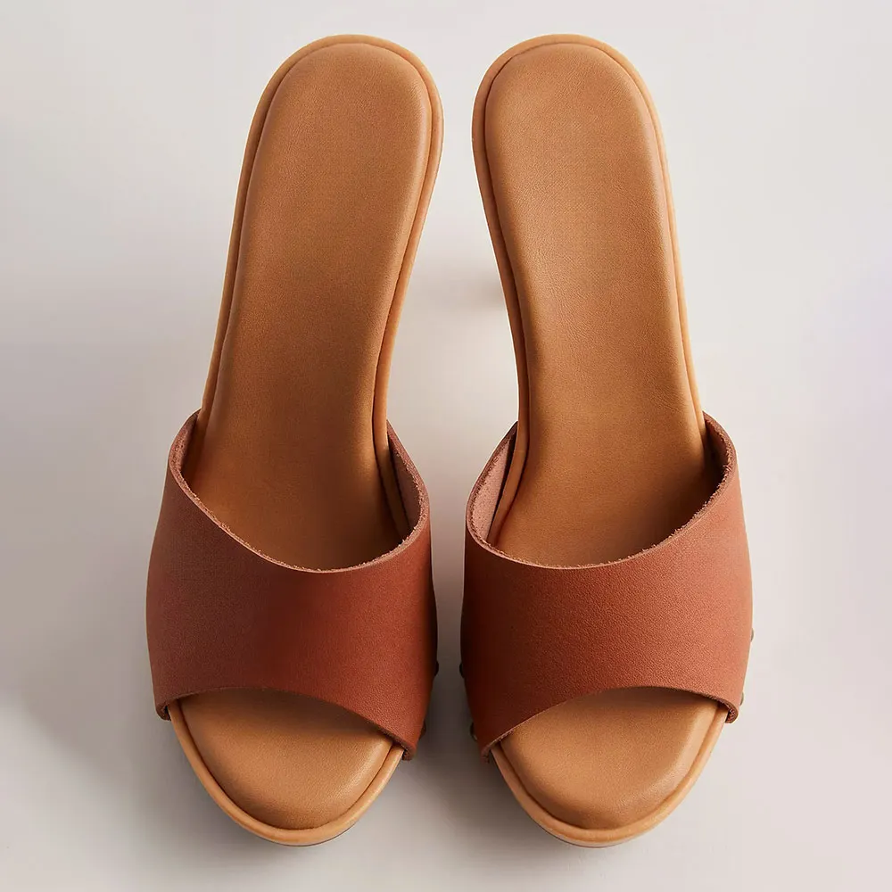 Tan Vegan Leather Chunky Heel Wide Strap Studded Platform Mules