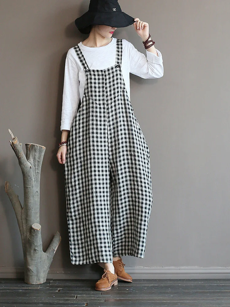 Plus Size - Literary Plaid Loose Casual Wide Leg Dungarees