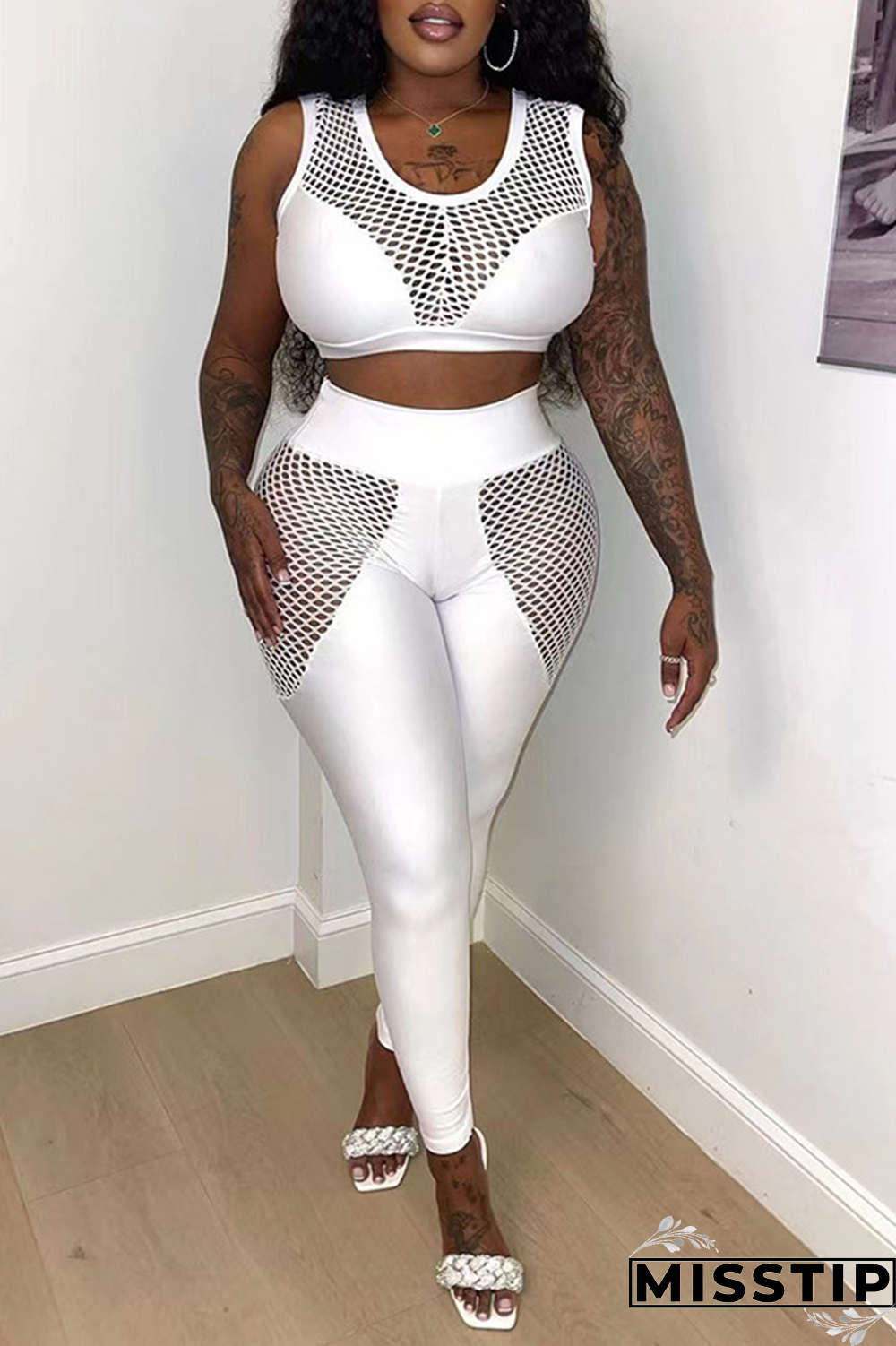 White Sexy Solid Mesh U Neck Sleeveless Two Pieces