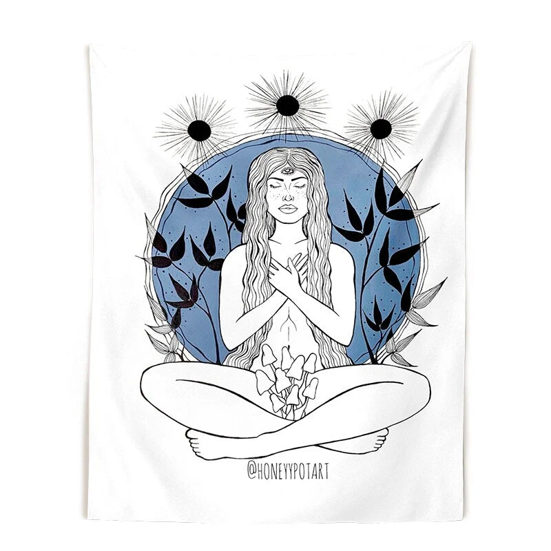 Mushroom queen Tapestry Wall Hanging crystals botanical fungi art black White witchy Living Room Psychedelic Wall Art Decor