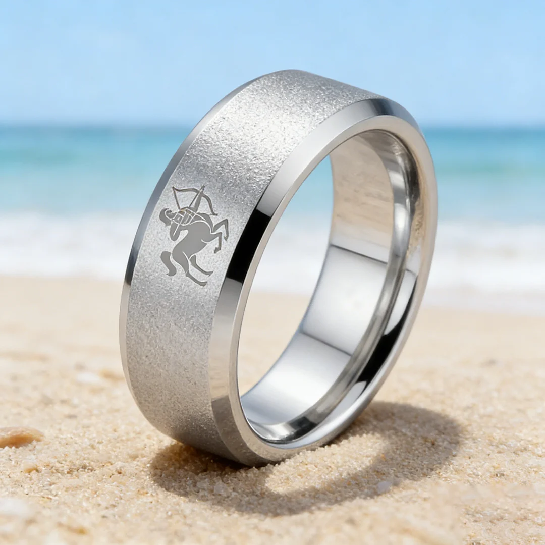 Sliver Sagittarius Couple Wedding Bands Beveled Edges Sliver Laser Etched Tungsten Carbide Ring 4MM 6MM 8MM