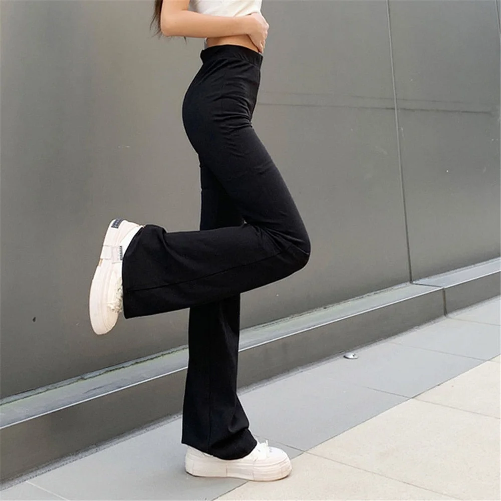 Graduation Gifts  All-Match Women Fashion Elastic Waist Black Flared Pants Solid Color High Waist Wide Leg Trousers Casual Hipster Streetwear