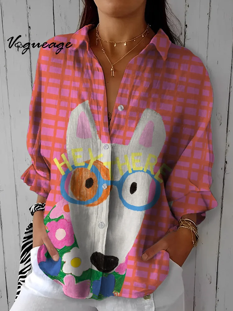 Fashion Cute Cartoon Puppy Printed Cotton And Linen Shirt