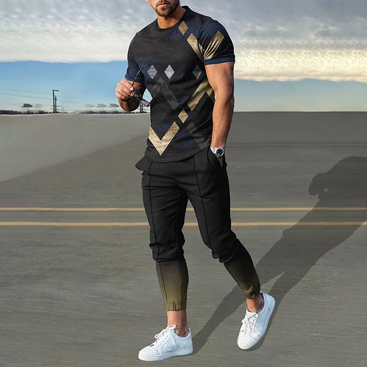 Fashion Blue Gold Geometry T-Shirt And Pants Co-Ord