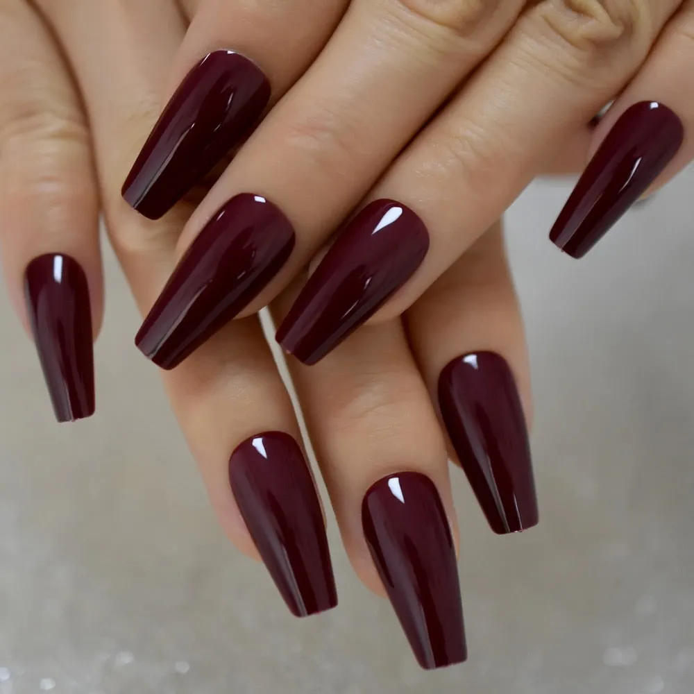 Tapered Coffin Nails Long Size Square Maroon Dark Red Acrylic Artificial False Nails Manicure Tips 24 CT-Nail Inspo