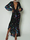 Floral Print Sexy V-Neck Long Sleeves Maxi Dress