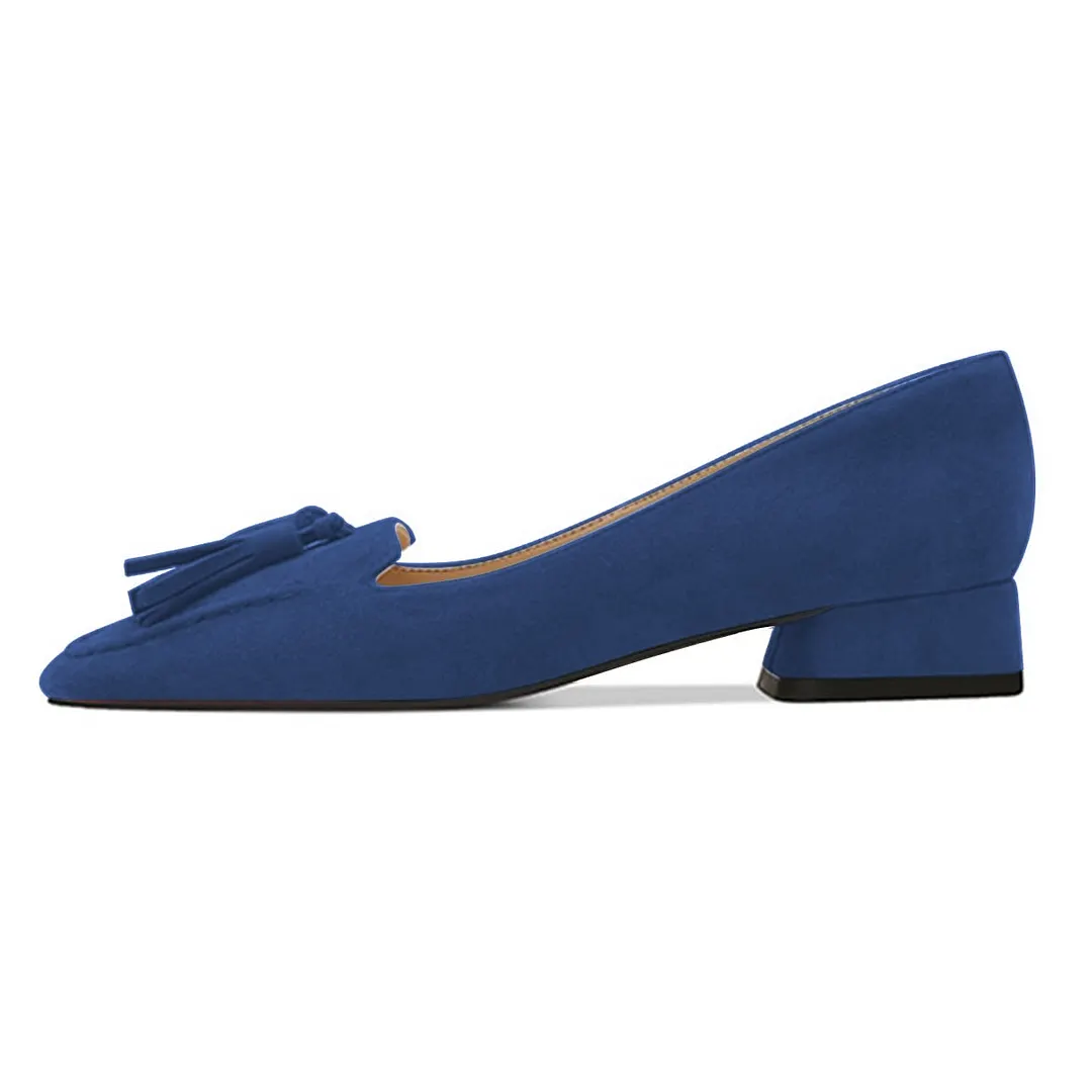 Dark Blue Vegan Suede Square Toe Tassel Block Heeled Loafers