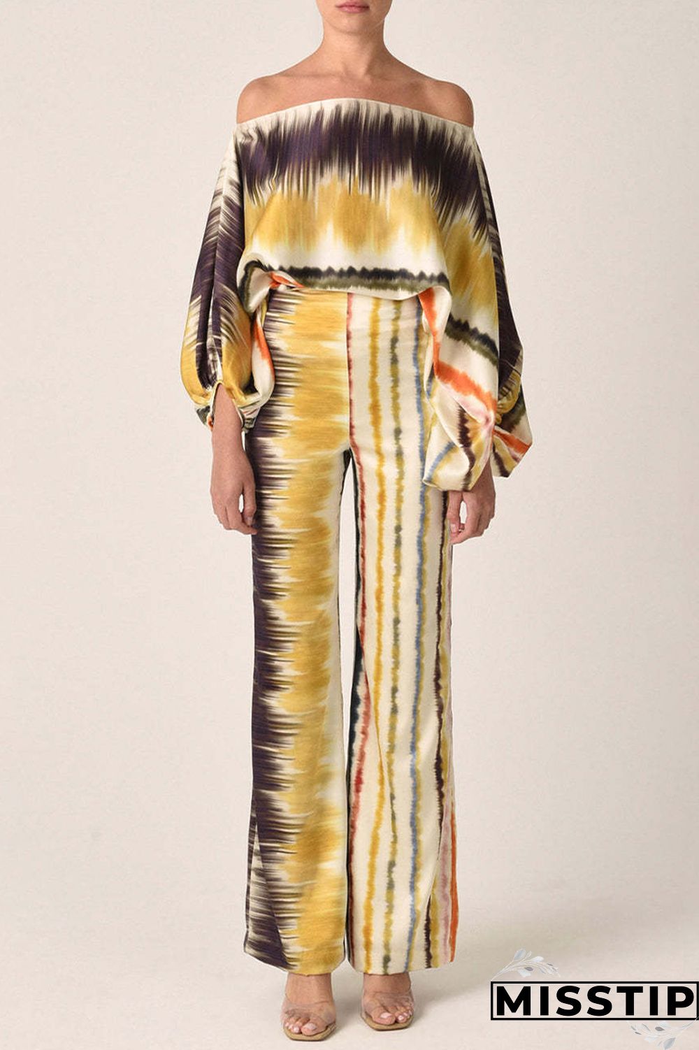 Yellow Casual Elegant Print Patchwork Off the Shoulder Long Sleeve Two Pieces