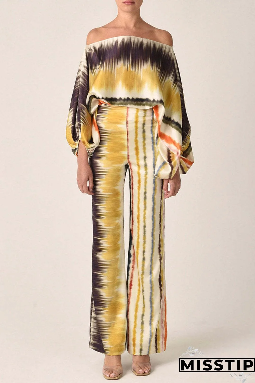 Yellow Casual Elegant Print Patchwork Off the Shoulder Long Sleeve Two Pieces