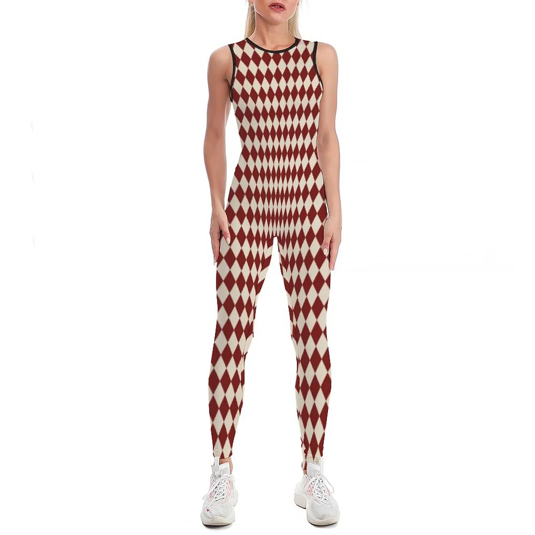 Vintage Red Harlequin Bodycon Tank One Piece Jumpsuits Long Pant Retro Yoga Printing Rompers Playsuit for Women