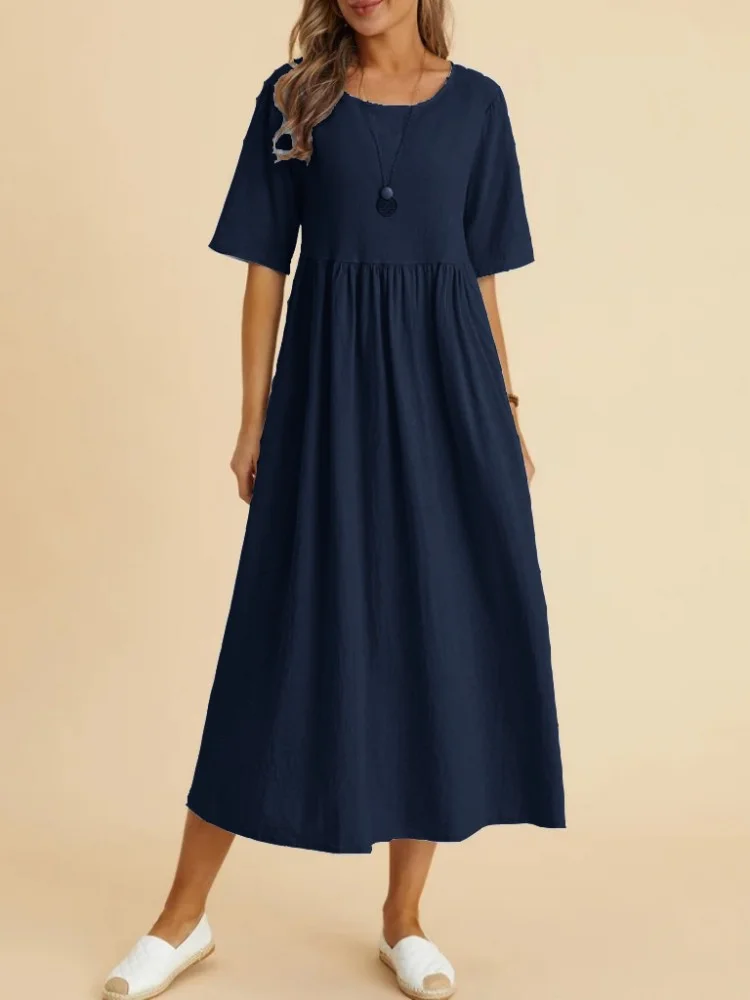 Comfy Round Neck Pleated Maxi Dress