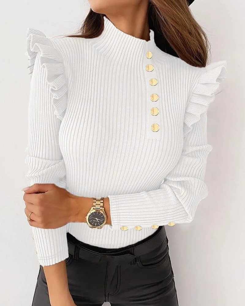 Ruffles Long Sleeve Button Decor Sweater