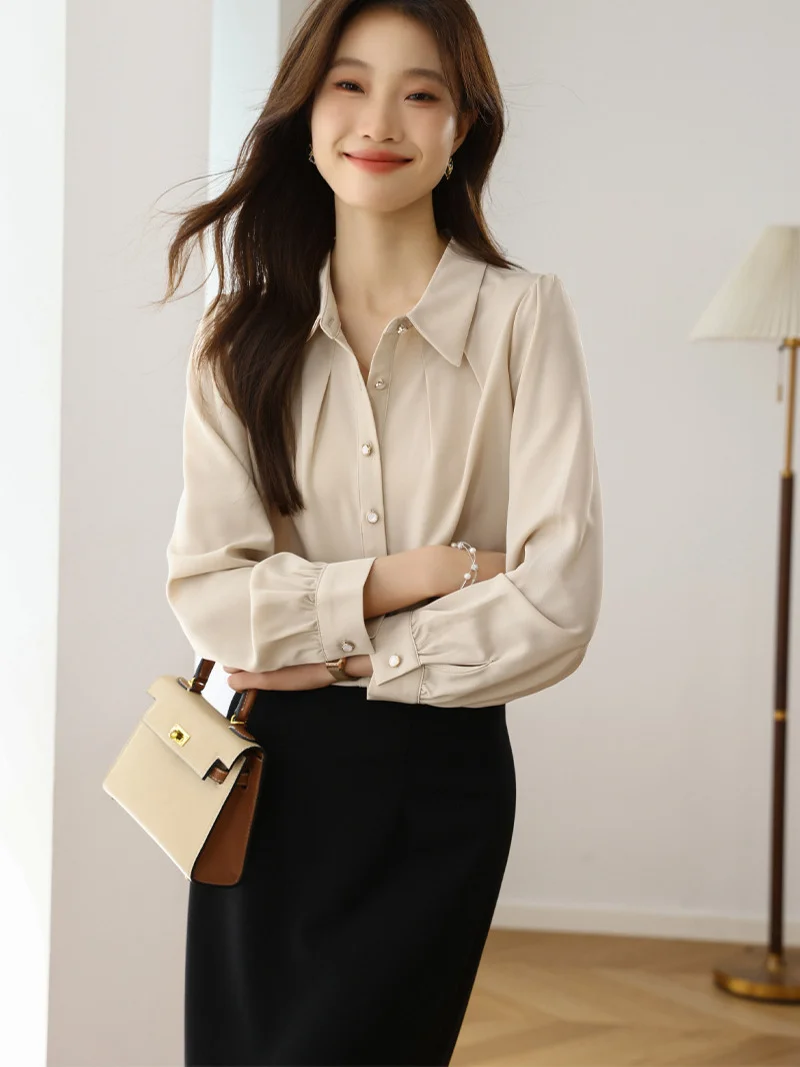 Athvotar Athvotar 2025 New Solid Color Repair Body Clothes Thin Fashion Shirt Elegant Commute OL Chiffon Shirt