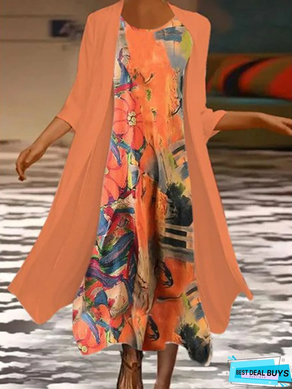 3/4 Sleeves Art Printing Crew Neck Casual Two Piece Dress With Coat