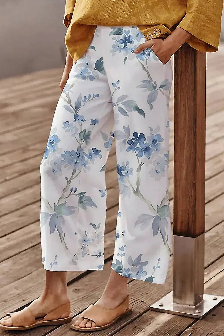 Flycurvy Plus Size Casual White Cotton And Linen Floral Print Pocket Crooped Pants  Flycurvy [product_label]