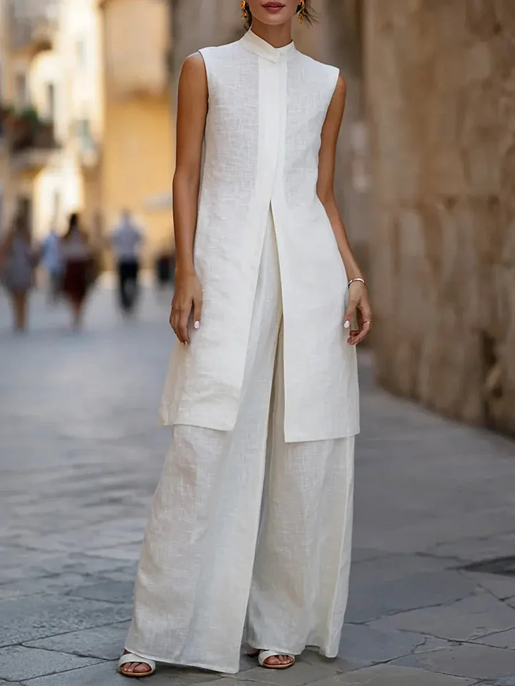 Women's Minimalist Sleeveless Cotton And Linen Set