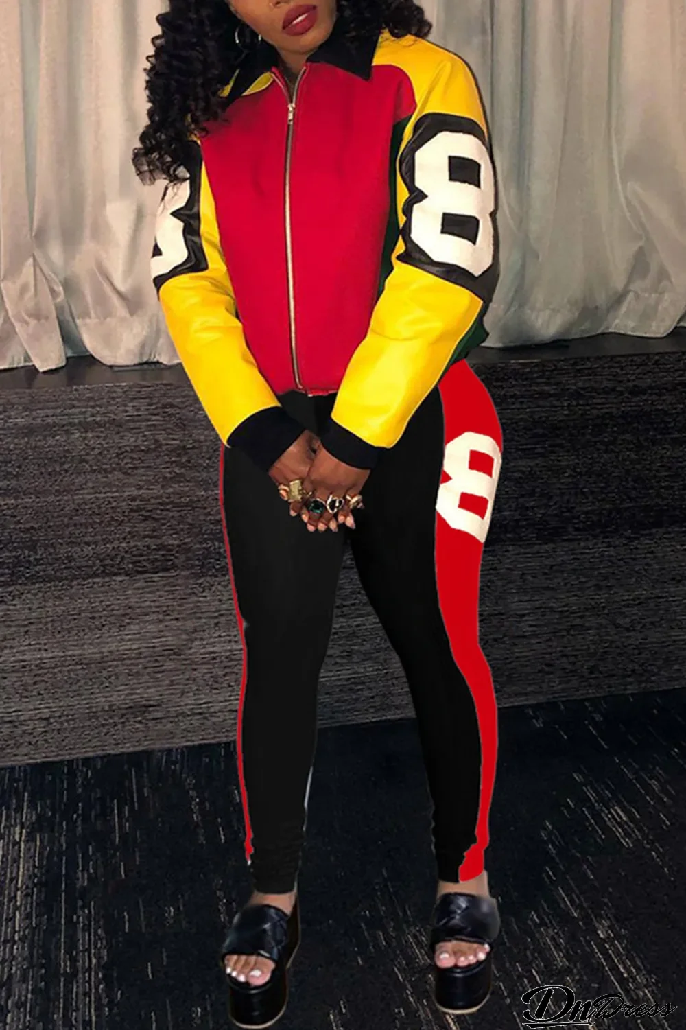 Red Fashion Casual Patchwork Patchwork Zipper Collar Long Sleeve Two Pieces