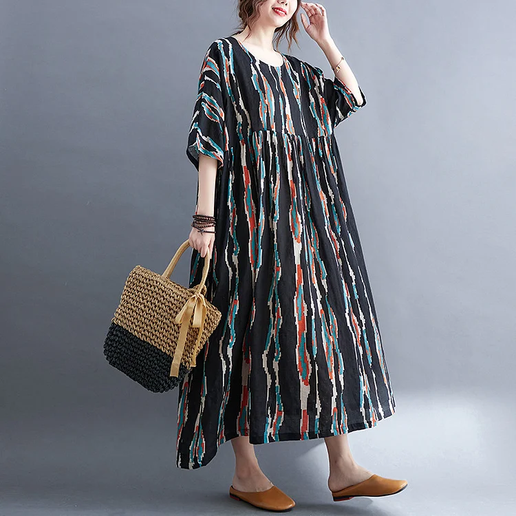 Vintage Striped Print Half Sleeve Midi Dress - yankia