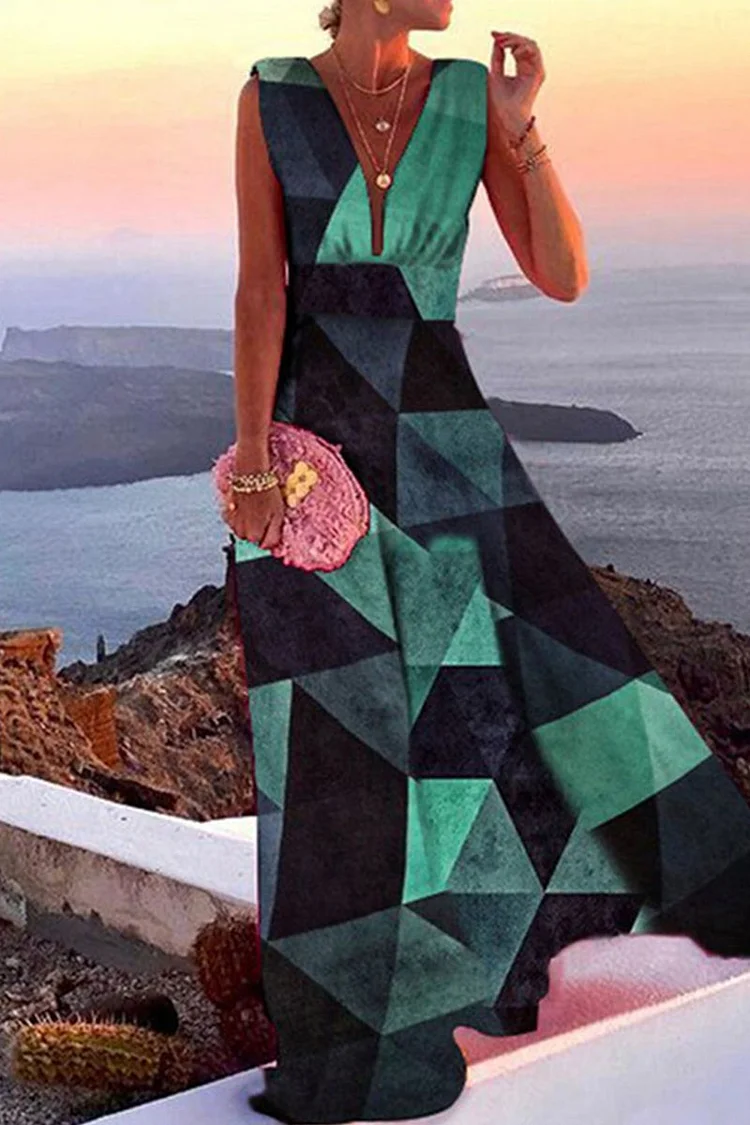 Green Fashion Print Patchwork V Neck Straight Dresses