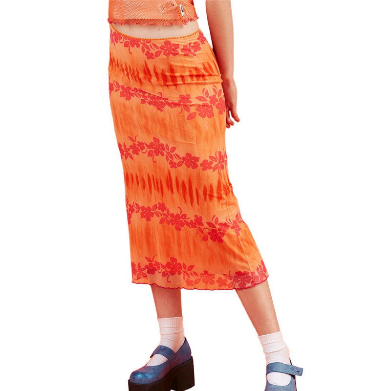 Colourp Fashion Summer Women Boho Beach Casual Style Skirts Female High Waist Floral Printing Orange Midi Skirt Party Holiday Clothing