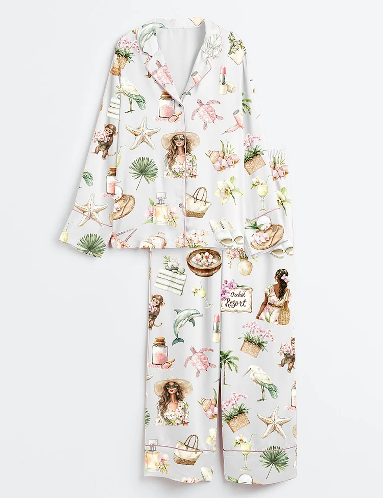 Women&rsquo;s Watercolor Summer Vacation Orchid Spa Resort Travel Summer Vibes Print Long Sleeve Satin Pajama Set