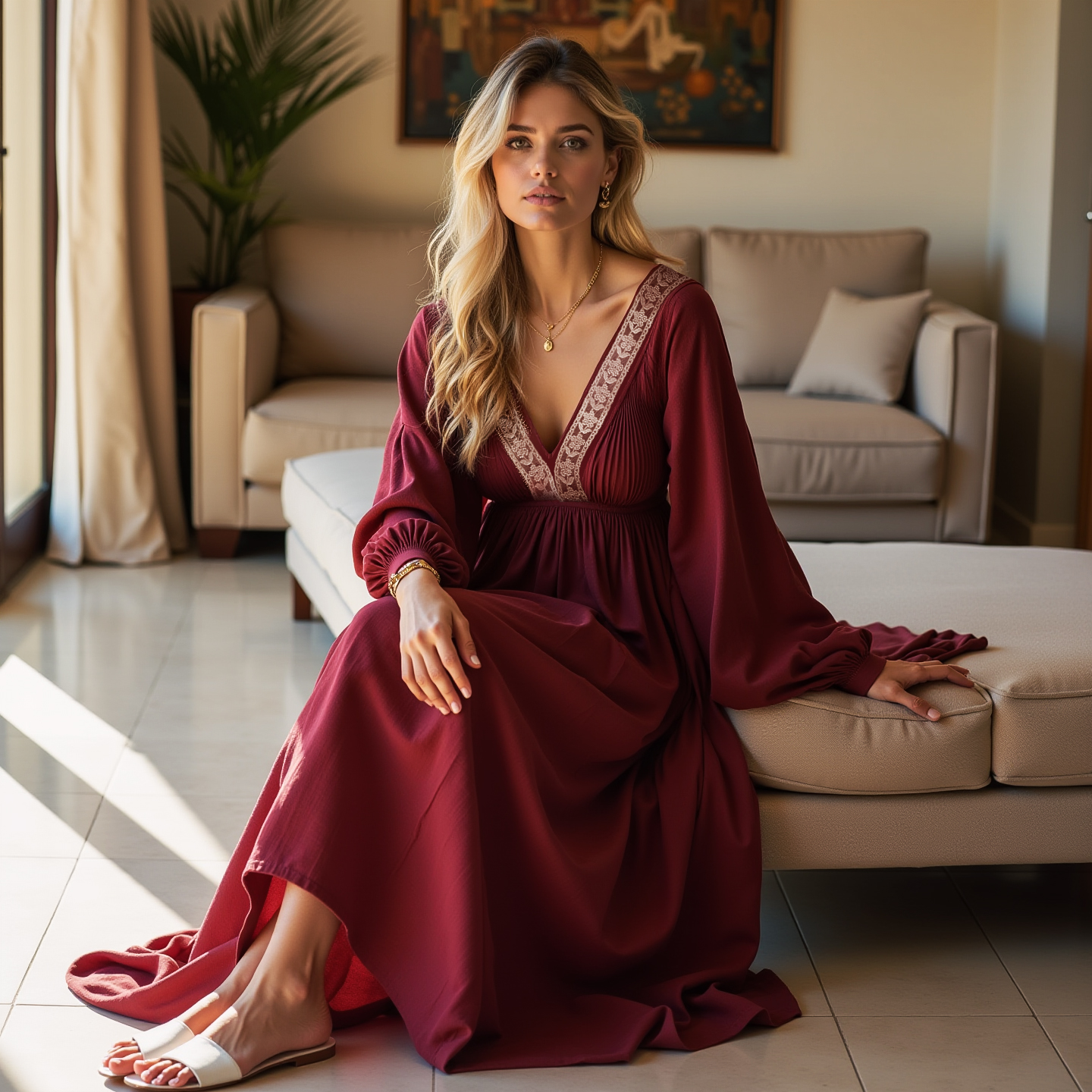 Ladies Casual Loose Lace Decoration Long Sleeve Long Dress