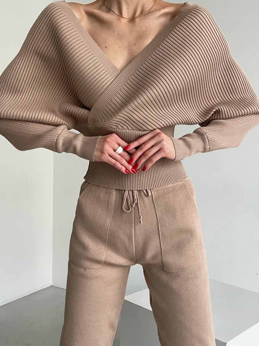 V Neck Batwing Sleeve Sweater & Drawstring Pants Sets