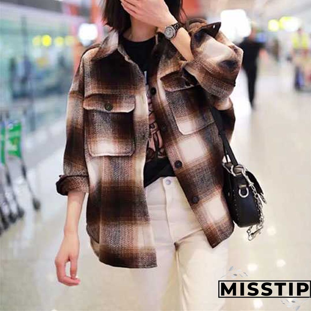 Classic Thick Colorblock Checked Button Down Shirt Jacket Woolen